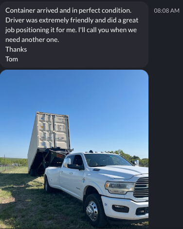 Text message from customer Tom confirming perfect delivery